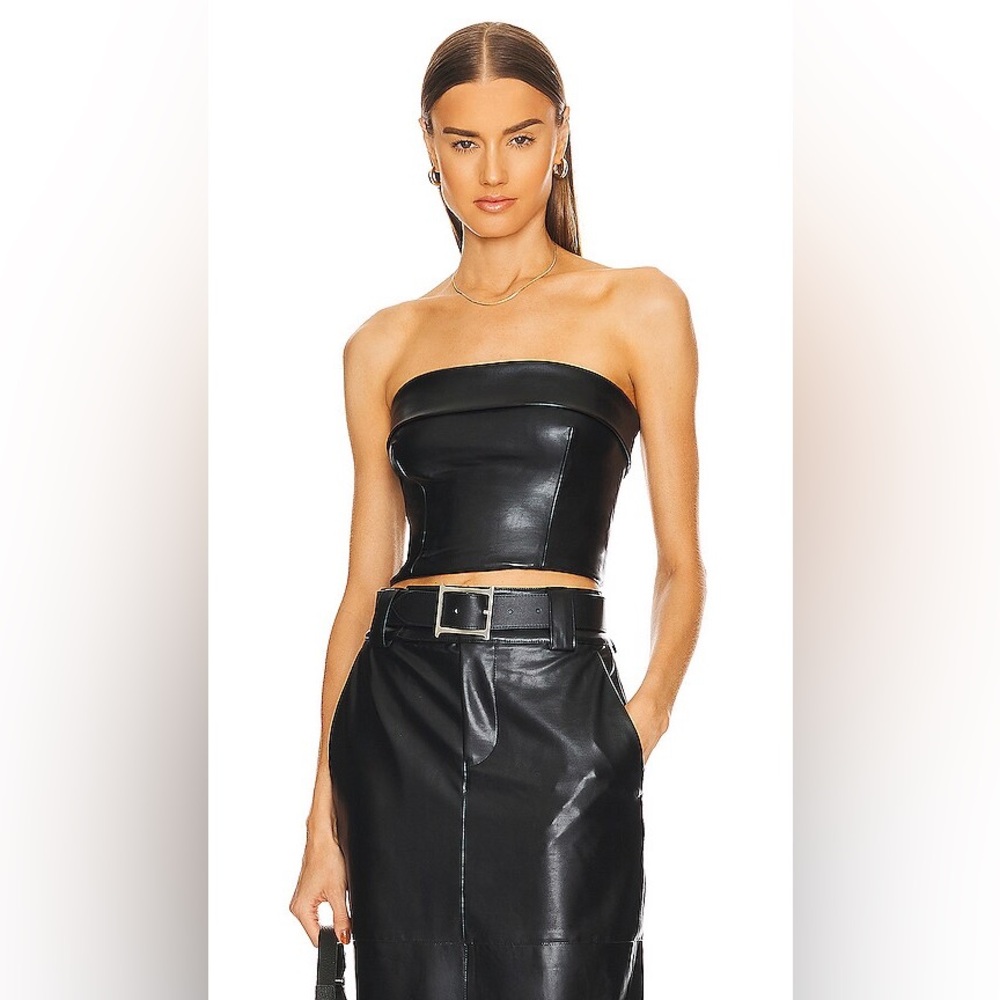 $198 HELSA Black Waterbased Faux Leather Bustier Top, Size MEDIUM